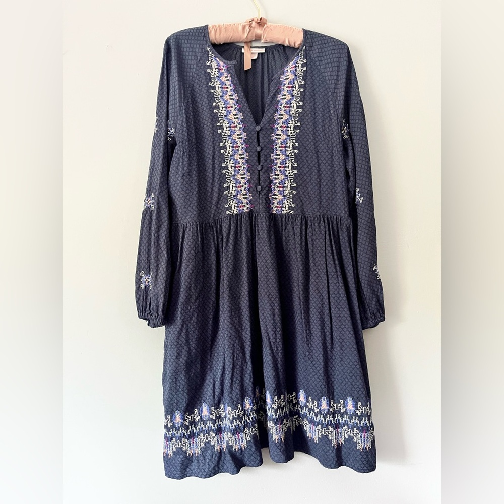 Women’s Knox rose Embroidered Navy Long-Sleeve Midi Dress size med pockets